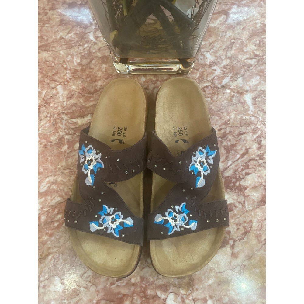Betula by Birkenstock Zara‎ Brown Embroidered Floral Sandals Size 8 EUC!